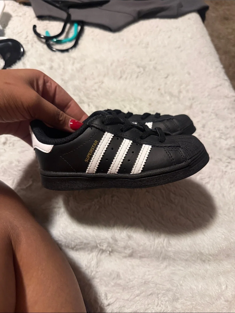 adidas Kids Black and White Shell-Toe Sneakers with Gold Logo